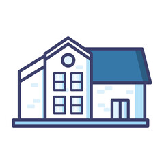 house with windows and blue roof line and fill style icon vector design