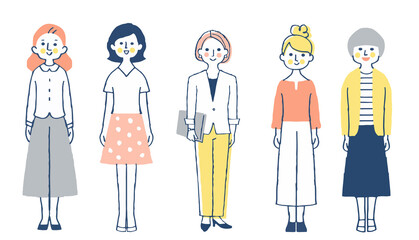 さまざまなタイプの女性5人　全身
