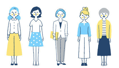 さまざまなタイプの女性5人　全身
