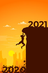 a vector graphic illustration of a man climbs a cliff to 2021 and breaks free from coronavirus in 2020