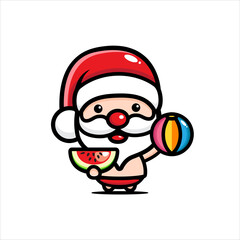 Cute Santa Claus character eating watermelon