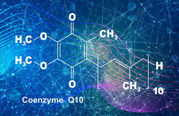 Coenzyme Q10 molecule, chemical structure. Production of cellular energy. Lines and dots connected background