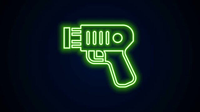 Glowing neon line Police electric shocker icon isolated on black background. Shocker for protection. Taser is an electric weapon. 4K Video motion graphic animation.