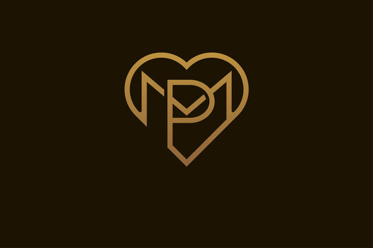 Abstract initials M and P logo, gold colour line style heart and letter combination, usable for brand, card and invitation, logo design template element,vector illustration