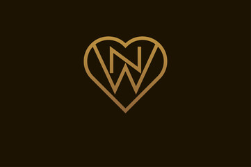 Abstract initials N and W logo, gold colour line style heart and letter combination, usable for brand, card and invitation, logo design template element,vector illustration