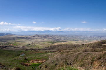 Fototapeta na wymiar Panoramic view of Ararat mountain and spring meadows. Beautiful landscape. Garni, Armenia