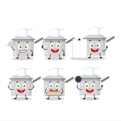 Cartoon character of sauce pan with various chef emoticons