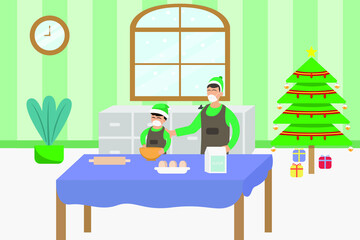 Christmas vector concept: Boy and his father wearing face mask while baking together in the kitchen with christmas tree background at home during coronavirus pandemic