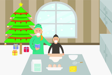 Christmas vector concept: Boy and his mother wearing face mask while baking together in the kitchen with christmas tree background at home