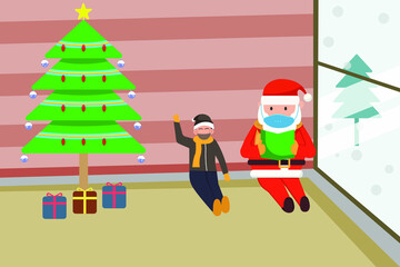Christmas in new normal vector concept: Little son and santa claus sitting together at home while wearing face mask and reading book next to the window