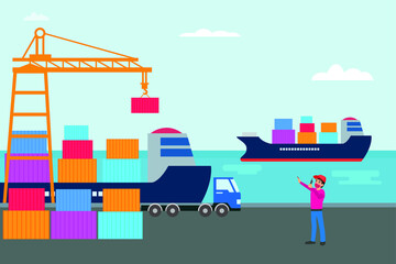 Industrial port vector concept: Port worker controlling loading and unloading containers in the industrial port