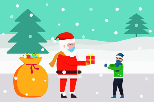 Christmas in new normal vector concept: Young man and santa claus taking selfie photo while wearing face mask at home
