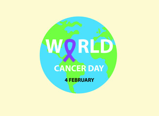 World Cancer Day text with purple ribbon and world map background