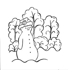 Contour image of a snowman and snow-covered trees