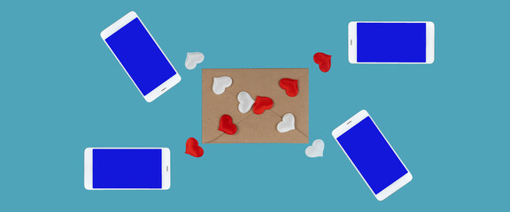 cell phones and hearts on a blue background. forwarding messages for valentine's day. romantic chat. virtual love. banner