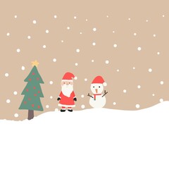 Merry Christmas and Happy New Year holiday on background, Santa Claus with snowman, snowflake and pine. Copy space for text.