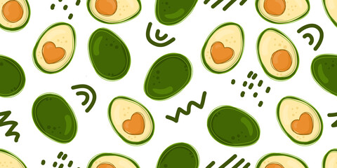 Avocado whole and cut. Summer Abstract Geometric Seamless Pattern with Avocado and Hand Drawn Memphis Style Elements Healthy Food Background Print for textile print, wallpaper, wrapping paper.