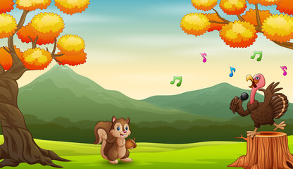 Obraz na płótnie Canvas Cartoon squirrel watching a turkey singing on a stump