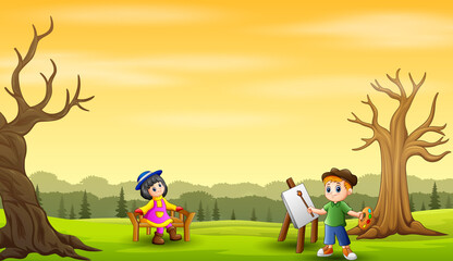 A boys paint girls with bare tree background