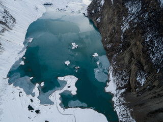 Aerial view of beautiful frozen glacier lagoon in Tibet,China
