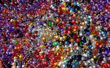 3d render of abstract art 3d background with surreal mix of small and big festive party particles balls or spheres in matte metallic material in green purple blue red orange white and yellow color