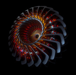 3d render of abstract art with surreal dark turbine jet engine with curve fractal sharp blades in spiral twisted pattern with in red yellow gradient metallic core with glowing glare bloom effect