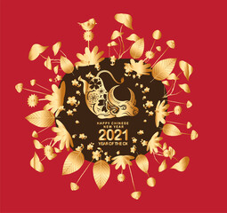 Happy Chinese New Year of the ox 2021 zodiac sign. Luxury gold floral on the ground round on red background for greetings card, invitation, posters, brochure, calendar, flyers, banners