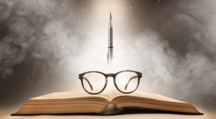Eyeglasses placed on an open book