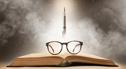 Eyeglasses placed on an open book