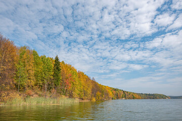 Autumn forest trees are reflected in the river water of the panoramic landscape. Blue sky with clouds.