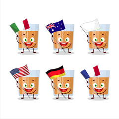 Glass of chocolates cartoon character bring the flags of various countries