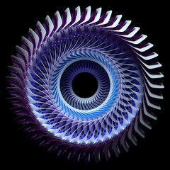 3d render of abstract art with surreal 3d machinery industrial turbine jet engine or wheel in spherical spiral twisted shape with sharp fractal blades in blue and white ceramic on black background © Philipp