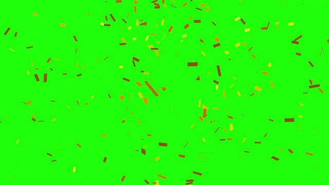 3D Golden confetti falling down on green screen color and alpha channel background, success and celebration concept animation.