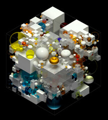 3d render of abstract art puzzle game box in isometric view based on small and big geometry figures as cube in wire structure, sphere or ball torus in blue yellow and whit color, isolated black back 