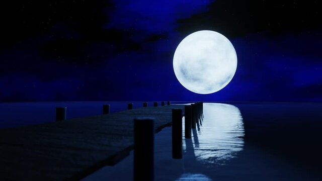 The full moon at night was full of stars and a faint mist. A wooden bridge extended into the sea. Fantasy image at night, super moon, seawater wave. 3D Rendering