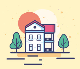 House and sun on yellow background vector design