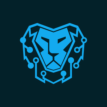 Lion tech logo designs concept. Lion head network technology icon