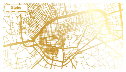 Elche Spain City Map in Retro Style in Golden Color. Outline Map.