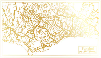 Funchal Portugal City Map in Retro Style in Golden Color. Outline Map.