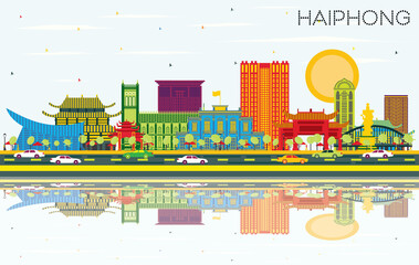 Haiphong Vietnam City Skyline with Color Buildings, Blue Sky and Reflections.