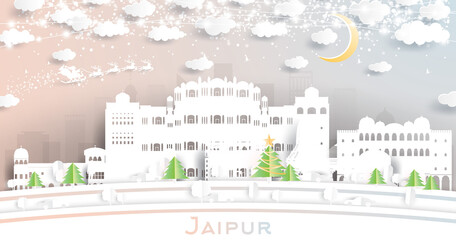 Jaipur India City Skyline in Paper Cut Style with Snowflakes, Moon and Neon Garland.