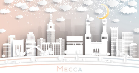 Mecca Saudi Arabia City Skyline in Paper Cut Style with Snowflakes, and Moon.