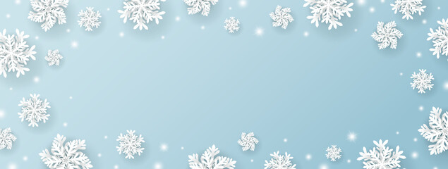 Christmas and winter banner design of snowflake and snow with lights on blue background vector illustration