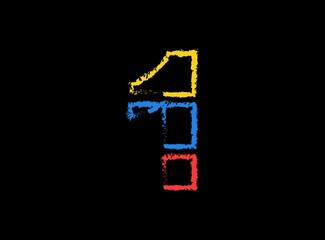 Obraz premium 1 number hand write vector desing, brush font logo. Blue, red, yellow color on black background. For social media,design elements, creative poster, web template and more
