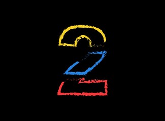 2 number hand write vector desing, brush font logo. Blue, red, yellow color on black background. For social media,design elements, creative poster, web template and more
