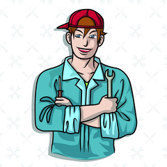 Mechanic man carrying screwdrivers on tools background