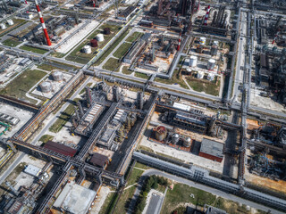 Large oil refinery aerial view. Lots of sophisticated technological equipment.