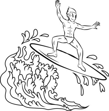 Man Was Surfboard On The Wave In The Ocean Outline