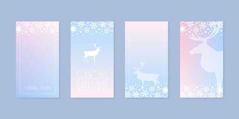 Winter holiday backgrounds. Set of editable templates for social networks and stories. Christmas backdrops decorated with deer silhouettes and snowflakes. Vector 10 EPS.