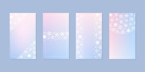 Winter holiday backgrounds. Set of editable templates for social networks and stories. Delicate Christmas backdrops decorated with snowflakes. Vector 10 EPS.